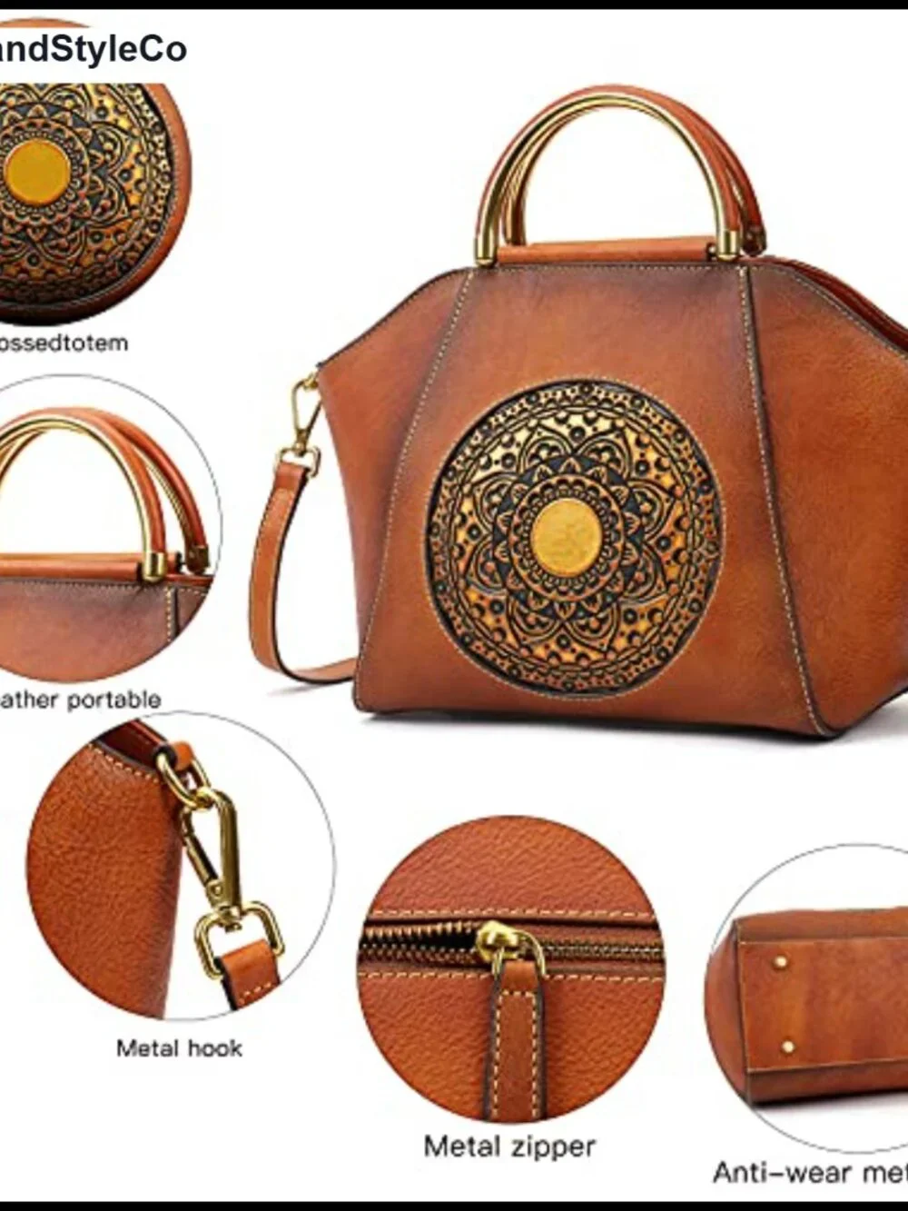 Genuine Leather Embossed Totem Satchel Handbag Crossbody Top Handle